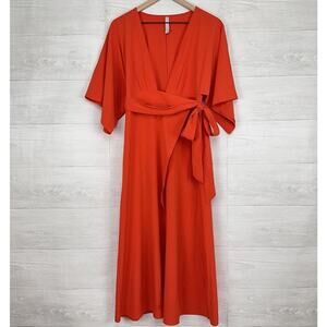 Athleta Size S Calistoga Wrap Midi Dress Swim Cover Up Orange Kimono UPF Stretch
